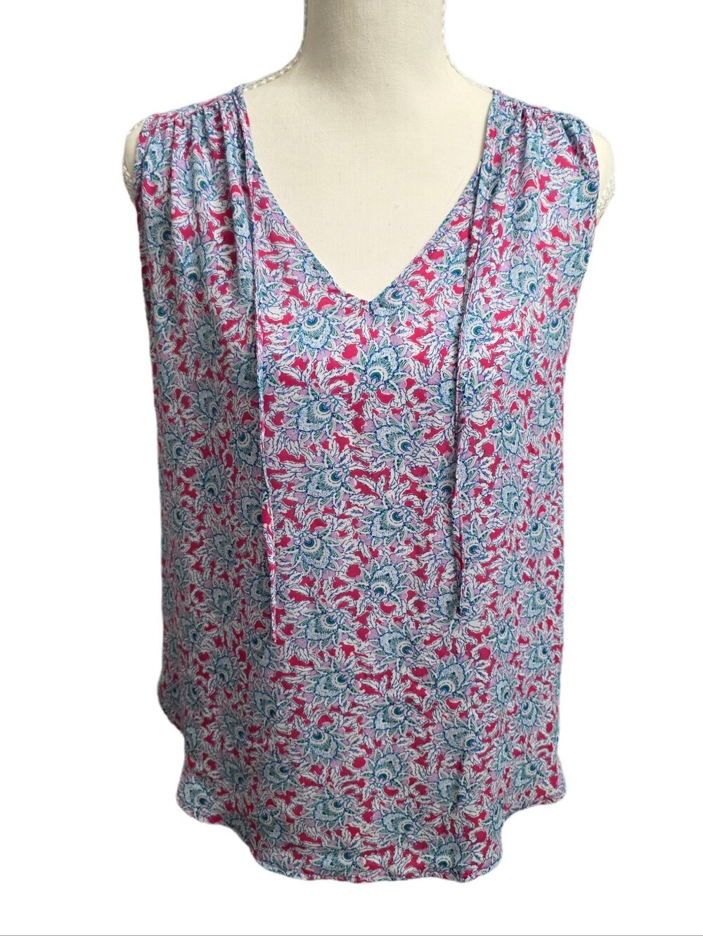 LOFT Pink & Blue Floral Tie-Front V-Neck Mixed Media Tank Size Small